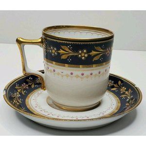 Antique Royal Vienna China Shield Beehive HP Blue Gold Leaf Demitasse Cup Saucer